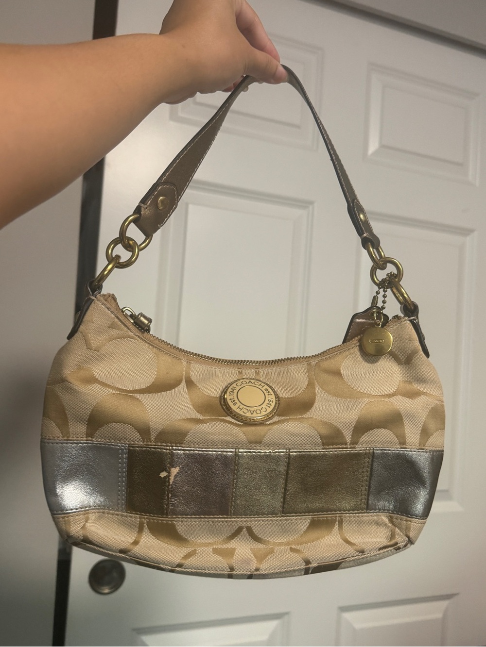 Coach Khaki Signature Canvas Shoulder Bag with Metallic Patchwork